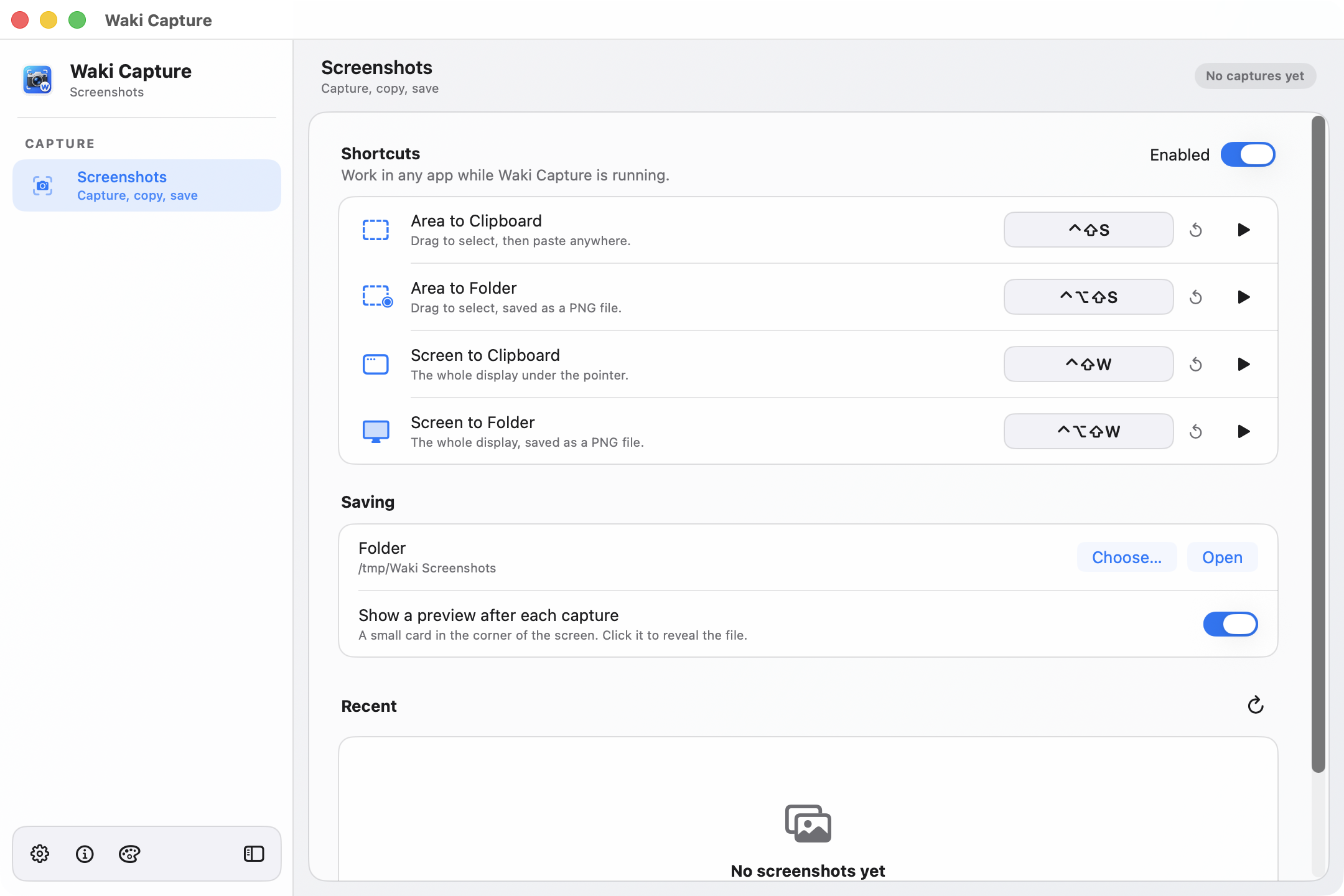 Waki Capture · Four shortcuts, the saving folder, the recent captures