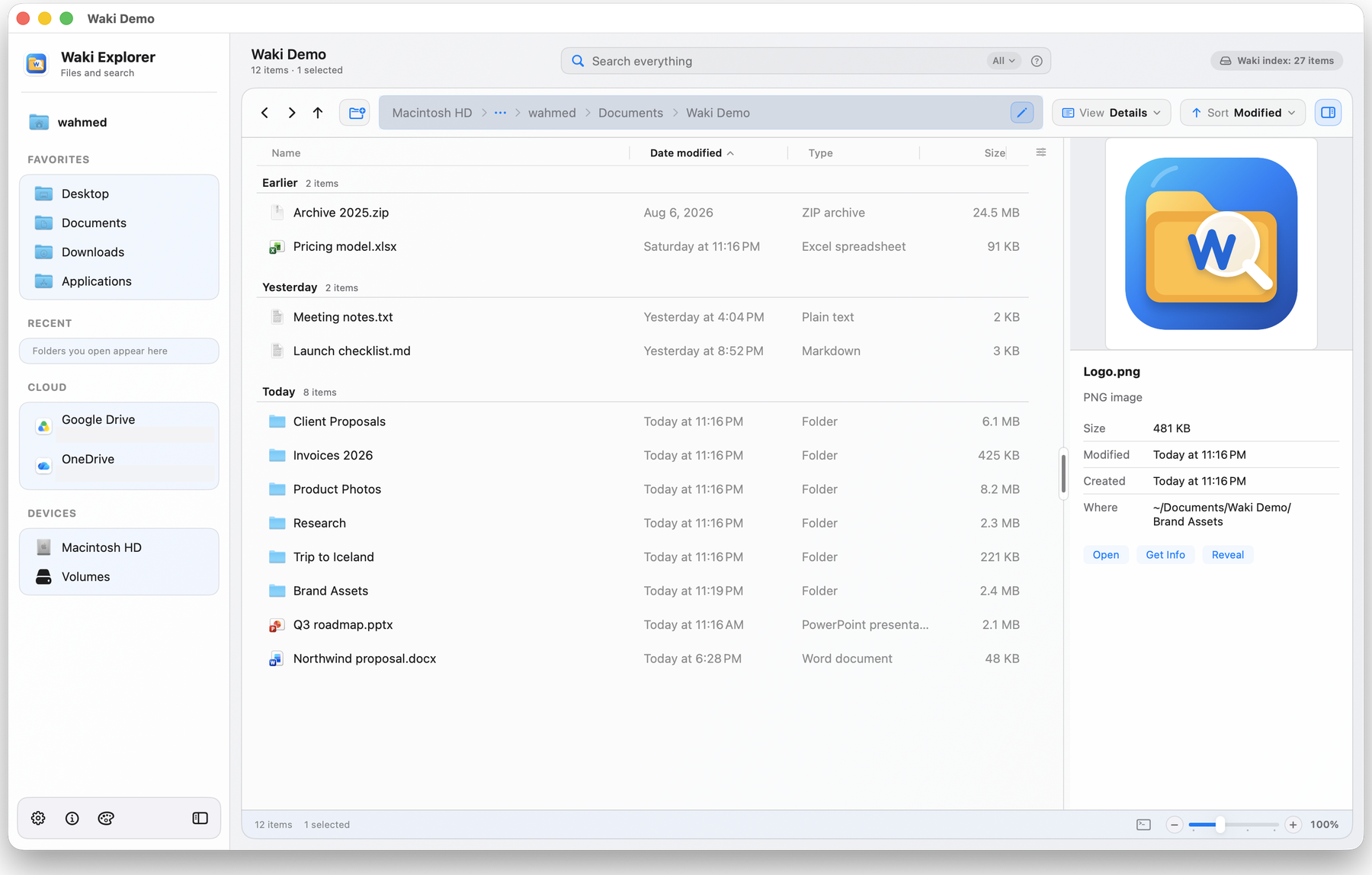 Waki Explorer · Details view with the preview pane, grouped by date