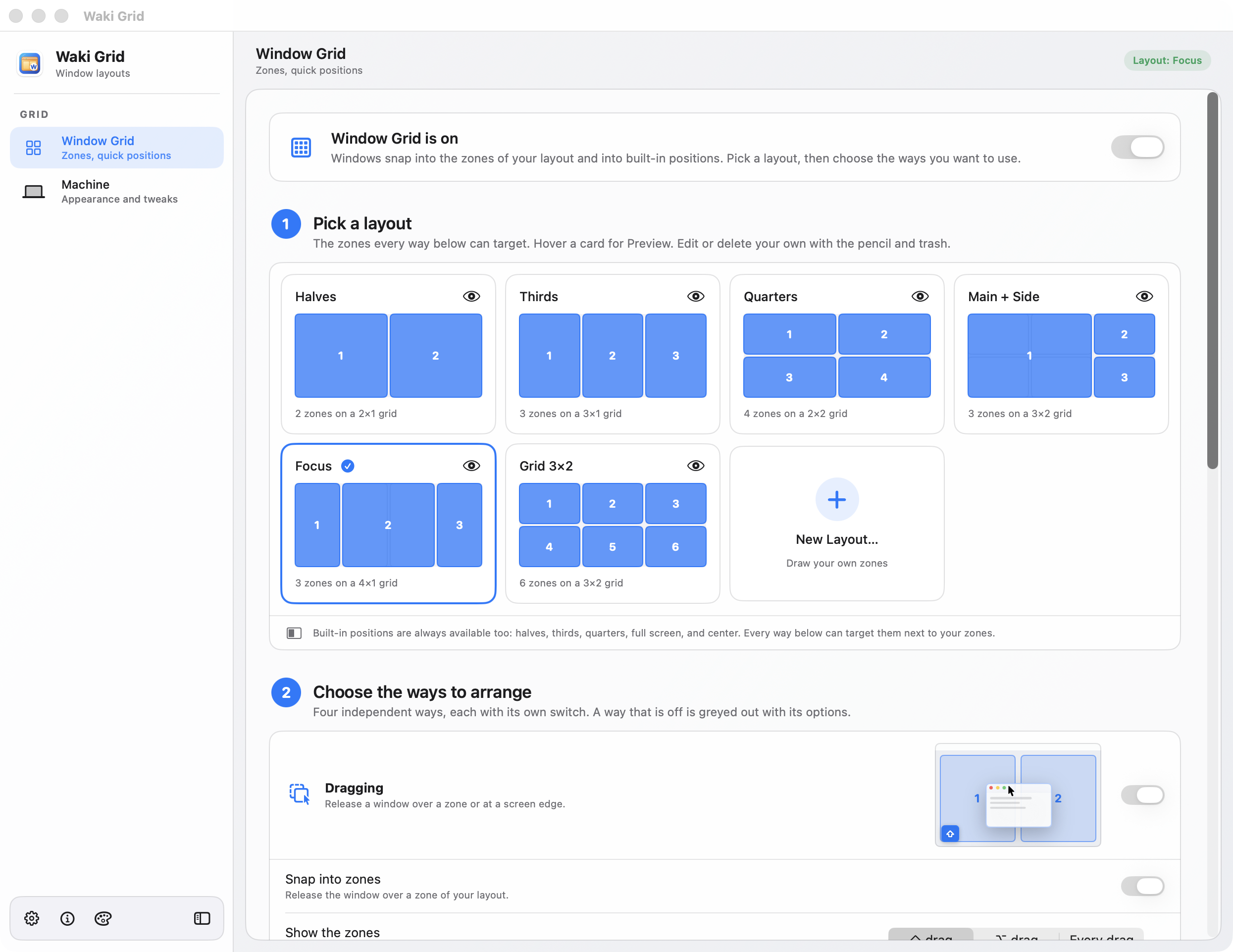 Waki Grid · Layouts, one per display, with built-in positions always available